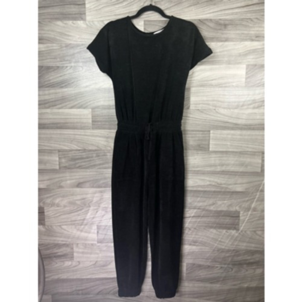 Downeast Womens Jumpsuit Black Drawstring Waist Scoop Short Sleeve Button XS